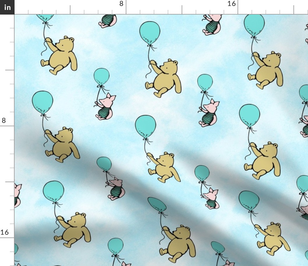 Bigger Scale Classic Pooh and Piglet with Bright Aqua Balloons on Blue Skies