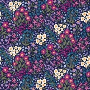 Hidden Garden on Navy Millefleur floral pattern in shades of purple, pink, burgundy and cream