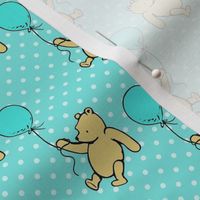 Smaller Scale Classic Pooh with Balloons on Bright Aqua Blue Polkadots