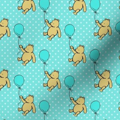 Smaller Scale Classic Pooh with Balloons on Bright Aqua Blue Polkadots