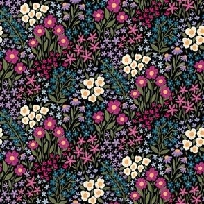 Hidden Garden on Black Millefleur floral pattern in shades of purple, pink, burgundy, blue and cream