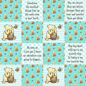 Bigger Scale Patchwork 6" Squares Classic Pooh in Bright Aqua Blue with Storybook Quotes for Cheater Quilt or Blanket
