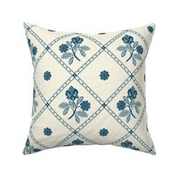 French Country Diamond Floral - Medium - Blue - Linen Texture