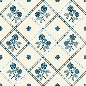 French Country Diamond Floral - Medium - Blue - Linen Texture