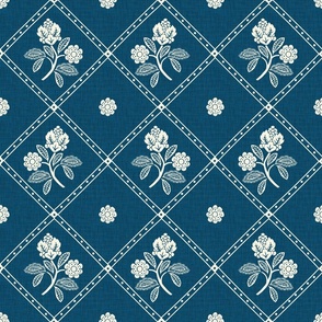 French Country Diamond Floral -  Medium - Blue Reverse - Linen Texture