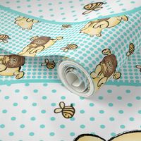 One Yard Panel Classic Pooh and Honey Bees on Bright Aqua Blue for Blanket or Banner 42x36