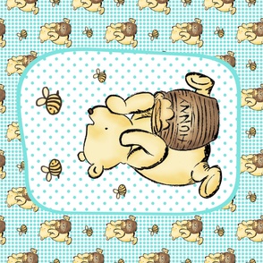 One Yard Panel Classic Pooh and Honey Bees on Bright Aqua Blue for Blanket or Banner 42x36