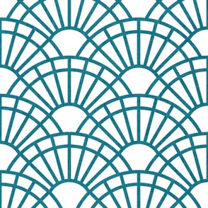 Serene Sunshine- 46 Lagoon on White- Art Deco Wallpaper- Geometric Minimalist Monochromatic Scalloped Suns- Petal Cotton Solids Coordinate- Large- Teal- Turquoise Blue- Summer