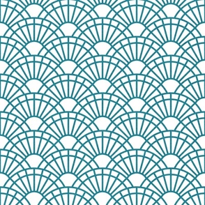 Serene Sunshine- 46 Lagoon on White- Art Deco Wallpaper- Geometric Minimalist Monochromatic Scalloped Suns- Petal Cotton Solids Coordinate- Small- Teal- Turquoise Blue- Summer