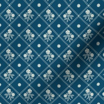 French Country Diamond Floral - Very Small - Blue Reverse - Linen Texture