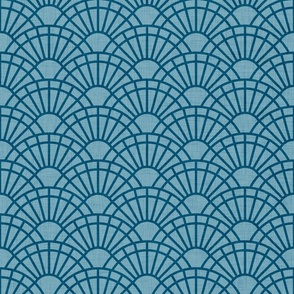 Serene Sunshine- 47 Peacock on Teal- Art Deco Wallpaper- Geometric Minimalist Monochromatic Scalloped Suns- Petal Cotton Solids Coordinate- Small- Teal- Turquoise Blue- Summer