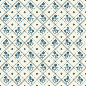 French Country Diamond Floral - Small - Blue - Linen Texture