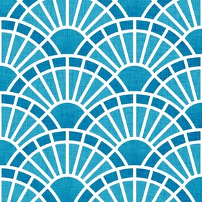 Serene Sunshine- 48 Caribbean- Art Deco Wallpaper- Geometric Minimalist Monochromatic Scalloped Suns- Petal Cotton Solids Coordinate- Large- Teal- Turquoise Blue- Summer