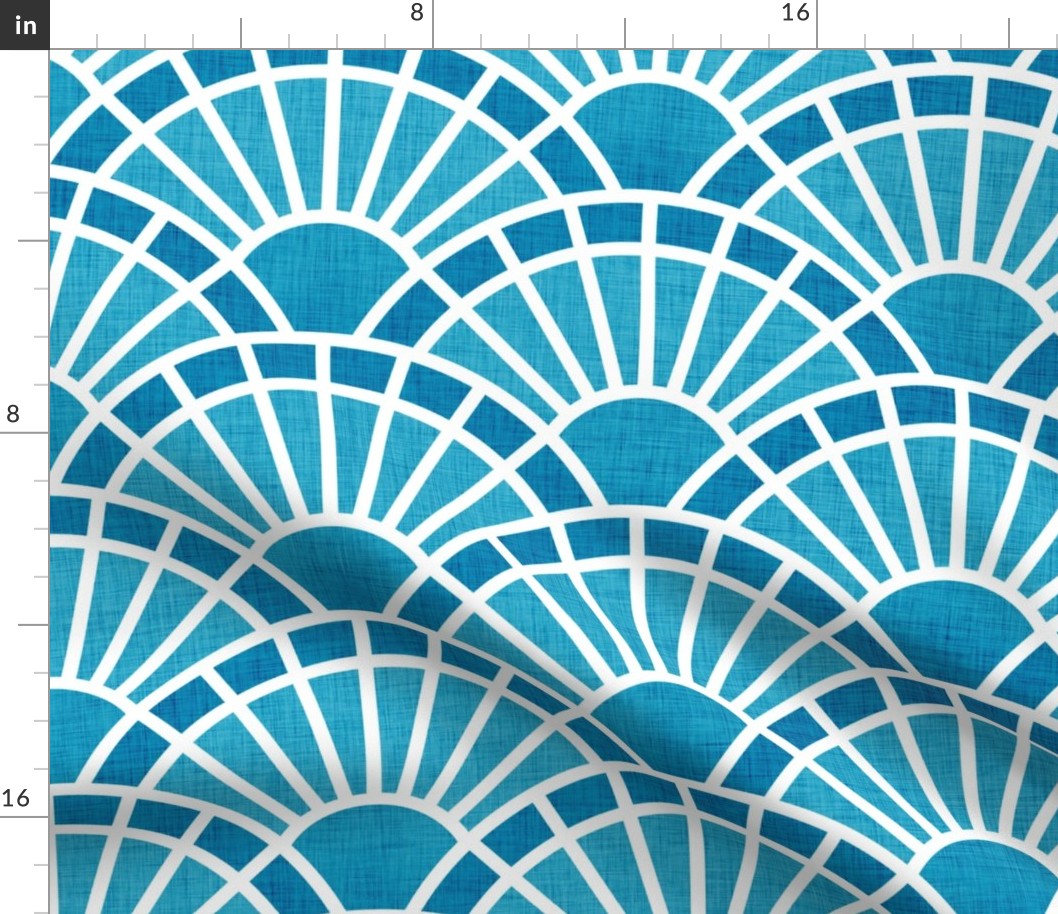Serene Sunshine- 48 Caribbean- Art Deco Wallpaper- Geometric Minimalist Monochromatic Scalloped Suns- Petal Cotton Solids Coordinate- Large- Teal- Turquoise Blue- Summer