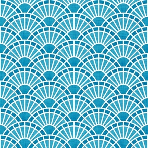 Serene Sunshine- 48 Caribbean- Art Deco Wallpaper- Geometric Minimalist Monochromatic Scalloped Suns- Petal Cotton Solids Coordinate- Small- Teal- Turquoise Blue- Summer