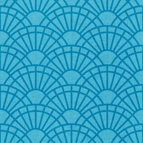 Serene Sunshine- 48 Caribbean on Turquoise- Art Deco Wallpaper- Geometric Minimalist Monochromatic Scalloped Suns- Petal Cotton Solids Coordinate- Medium- Teal- Turquoise Blue- Summer