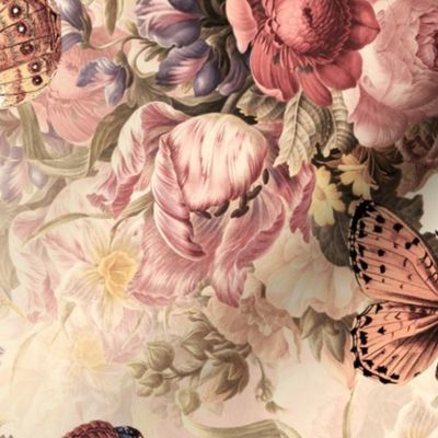 Lush  Baroque Antiqued Flower Romanticism Peony Poppies Bouquets, Romantic Nostalgic Flemish Floral Bunches, Vintage Home Decor Wallpaper sepia double layer