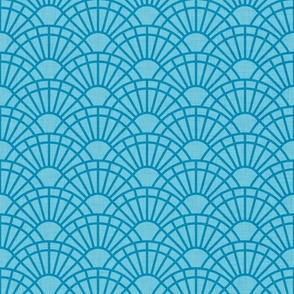 Serene Sunshine- 48 Caribbean on Turquoise- Art Deco Wallpaper- Geometric Minimalist Monochromatic Scalloped Suns- Petal Cotton Solids Coordinate- Small- Teal- Turquoise Blue- Summer