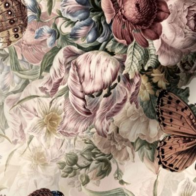 Lush Baroque Antiqued Flower Romanticism Peony Poppies Bouquets, Romantic Nostalgic Flemish Floral Bunches, Vintage Home Decor Wallpaper ancient sepia double layer