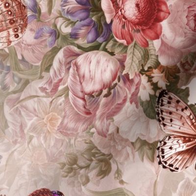 Lush  Baroque Antiqued Flower Romanticism Peony Poppies Bouquets, Romantic Nostalgic Flemish Floral Bunches, Vintage Home Decor Wallpaper blush double layer 