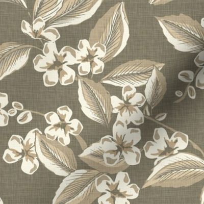 Cherry Flowers - Large - Wheat - Linen Texture - French Country Kitchen Neutral