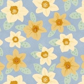 Delicate Daffodil Floral Hand-Drawn with Subtle Texture on a Dusty Blue Ground Color_Small