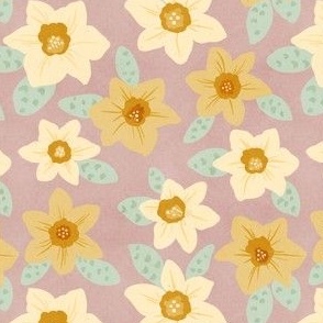 Delicate Daffodil Floral Hand-Drawn with Subtle Texture on a Dusty Mauve Ground Color_Small