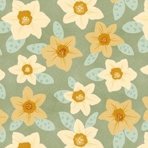 Delicate Daffodil Floral Hand-Drawn with Subtle Texture on a Sage Green Ground Color