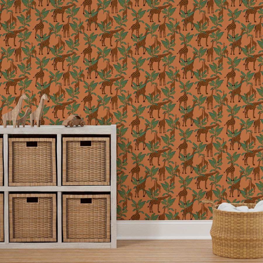 Giraffes with Turquoise & Olive Green Wallpaper | Spoonflower