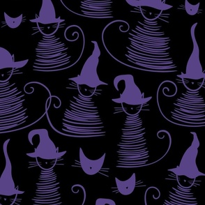 eclectic witch cat dark - purple on black duke cat - halloween cat fabric and wallpaper
