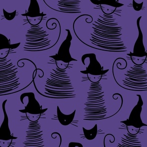 eclectic witch cat dark - black on purple duke cat - halloween cat fabric and wallpaper