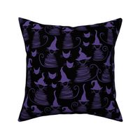 small scale eclectic witch cat dark - purple on black duke cat - halloween cat fabric and wallpaper