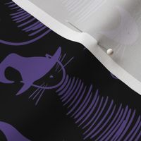 small scale eclectic witch cat dark - purple on black duke cat - halloween cat fabric and wallpaper