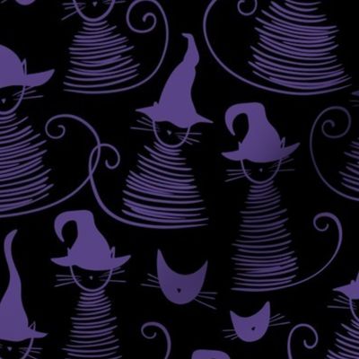 small scale eclectic witch cat dark - purple on black duke cat - halloween cat fabric and wallpaper