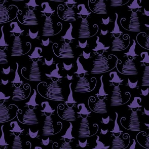 small scale eclectic witch cat dark - purple on black duke cat - halloween cat fabric and wallpaper