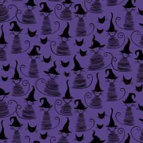 small scale eclectic witch cat dark - black on purple duke cat - halloween cat fabric and wallpaper