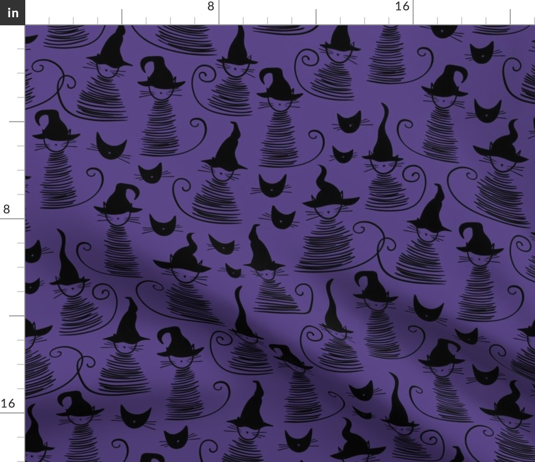 small scale eclectic witch cat dark - black on purple duke cat - halloween cat fabric and wallpaper