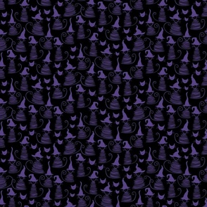 micro scale eclectic witch cat dark - purple on black duke cat - halloween cat fabric and wallpaper