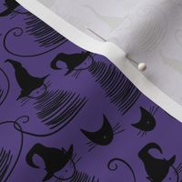 micro scale eclectic witch cat dark - black on purple duke cat - halloween cat fabric and wallpaper