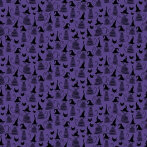 micro scale eclectic witch cat dark - black on purple duke cat - halloween cat fabric and wallpaper