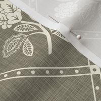 French Country Diamond Floral - Medium - Wheat Reverse - Linen Texture