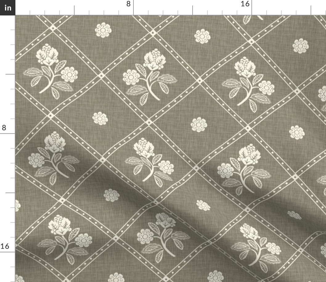 French Country Diamond Floral - Medium - Wheat Reverse - Linen Texture