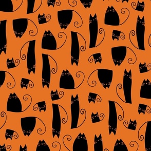 small scale cats - tinkle cat halloween - black cat on orange - halloween cat fabric and wallpaper