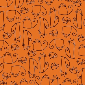 small scale cats - tinkle cat halloween - lineart black cat on orange - halloween cat fabric and wallpaper