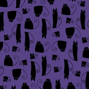 small scale cats - tinkle cat halloween - black cat on purple - halloween cat fabric and wallpaper