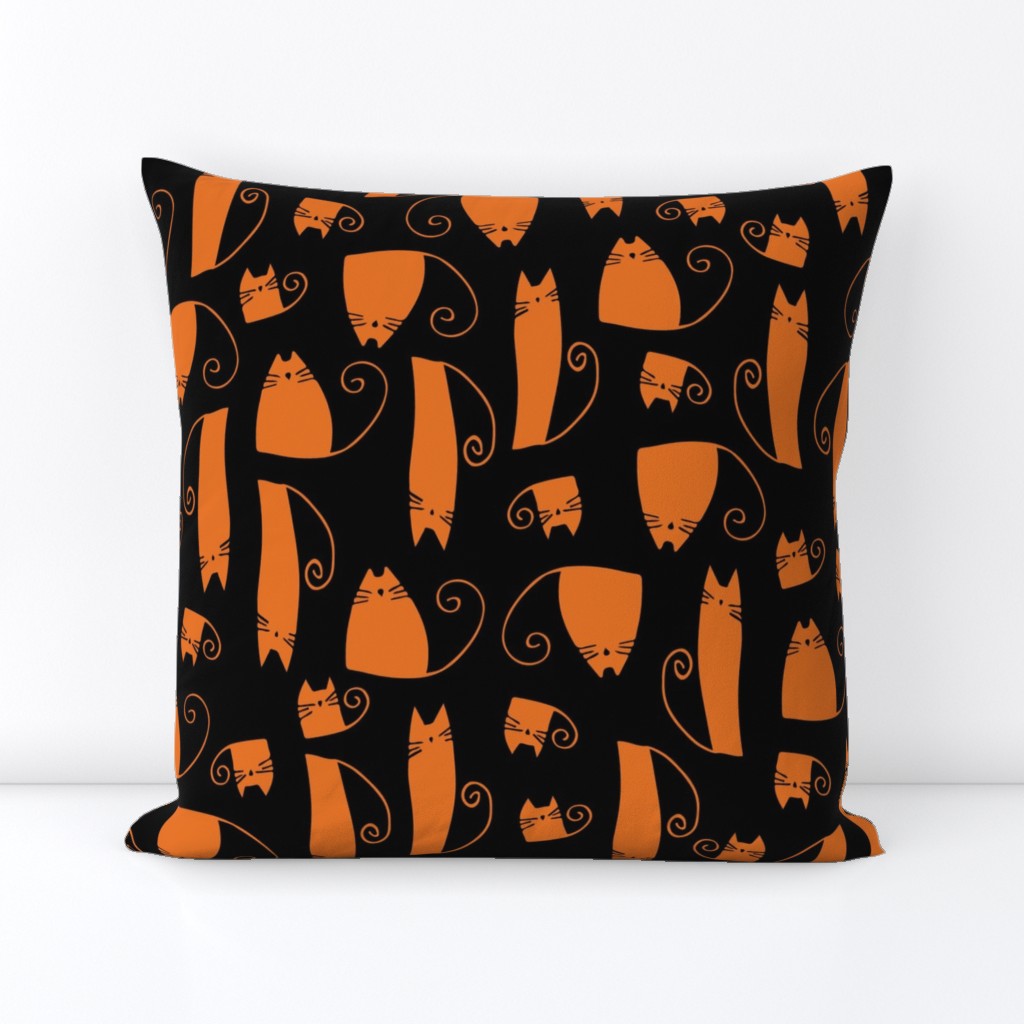 small scale cats - tinkle cat halloween - orange cat on black - halloween cat fabric and wallpaper