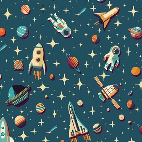 Retro Space Travel - Rockets and astronauts over a deep blue celestial universe L