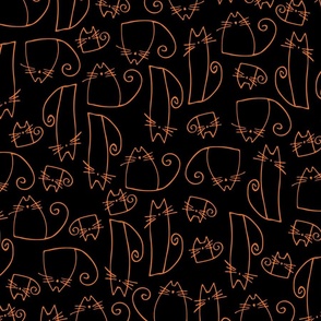 small scale cats - tinkle cat halloween - lineart orange cat on black - halloween cat fabric and wallpaper