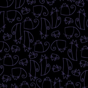 small scale cats - tinkle cat halloween - lineart purple cat on black - halloween cat fabric and wallpaper