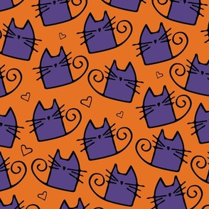 small scale cats - tinkle cat halloween - purple cat on orange - halloween cat fabric and wallpaper